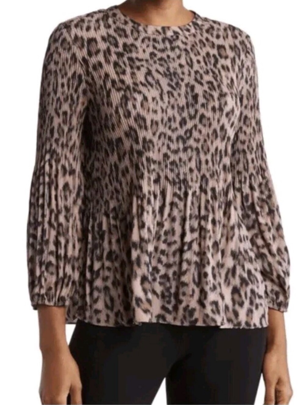 Adrianna Papell Pleated Georgette Blouse Realistic Cheetah Print Size L